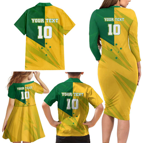 Personalized Australian Jackaroo Lawn Bowls Family Matching Long Sleeve Bodycon Dress and Hawaiian Shirt Kangaroo Bowler Green Yellow National Spirit Mascot Art