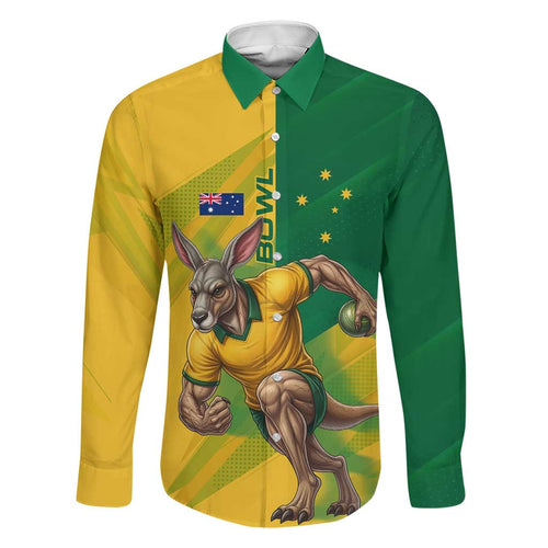 Personalized Australian Jackaroo Lawn Bowls Family Matching Long Sleeve Bodycon Dress and Hawaiian Shirt Kangaroo Bowler Green Yellow National Spirit Mascot Art