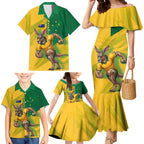 Personalized Australian Jackaroo Lawn Bowls Family Matching Mermaid Dress and Hawaiian Shirt Kangaroo Bowler Green Yellow National Spirit Mascot Art