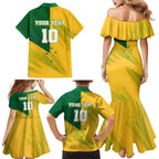 Personalized Australian Jackaroo Lawn Bowls Family Matching Mermaid Dress and Hawaiian Shirt Kangaroo Bowler Green Yellow National Spirit Mascot Art