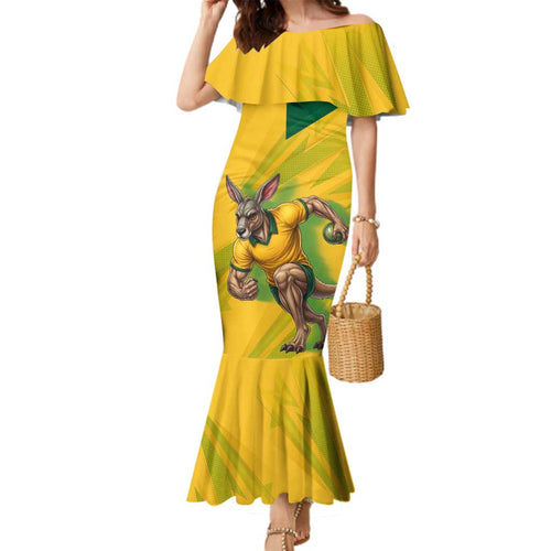 Personalized Australian Jackaroo Lawn Bowls Family Matching Mermaid Dress and Hawaiian Shirt Kangaroo Bowler Green Yellow National Spirit Mascot Art