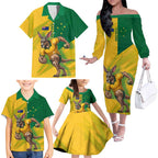 Personalized Australian Jackaroo Lawn Bowls Family Matching Off The Shoulder Long Sleeve Dress and Hawaiian Shirt Kangaroo Bowler Green Yellow National Spirit Mascot Art