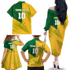 Personalized Australian Jackaroo Lawn Bowls Family Matching Off The Shoulder Long Sleeve Dress and Hawaiian Shirt Kangaroo Bowler Green Yellow National Spirit Mascot Art