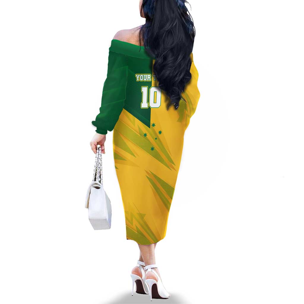 Personalized Australian Jackaroo Lawn Bowls Family Matching Off The Shoulder Long Sleeve Dress and Hawaiian Shirt Kangaroo Bowler Green Yellow National Spirit Mascot Art