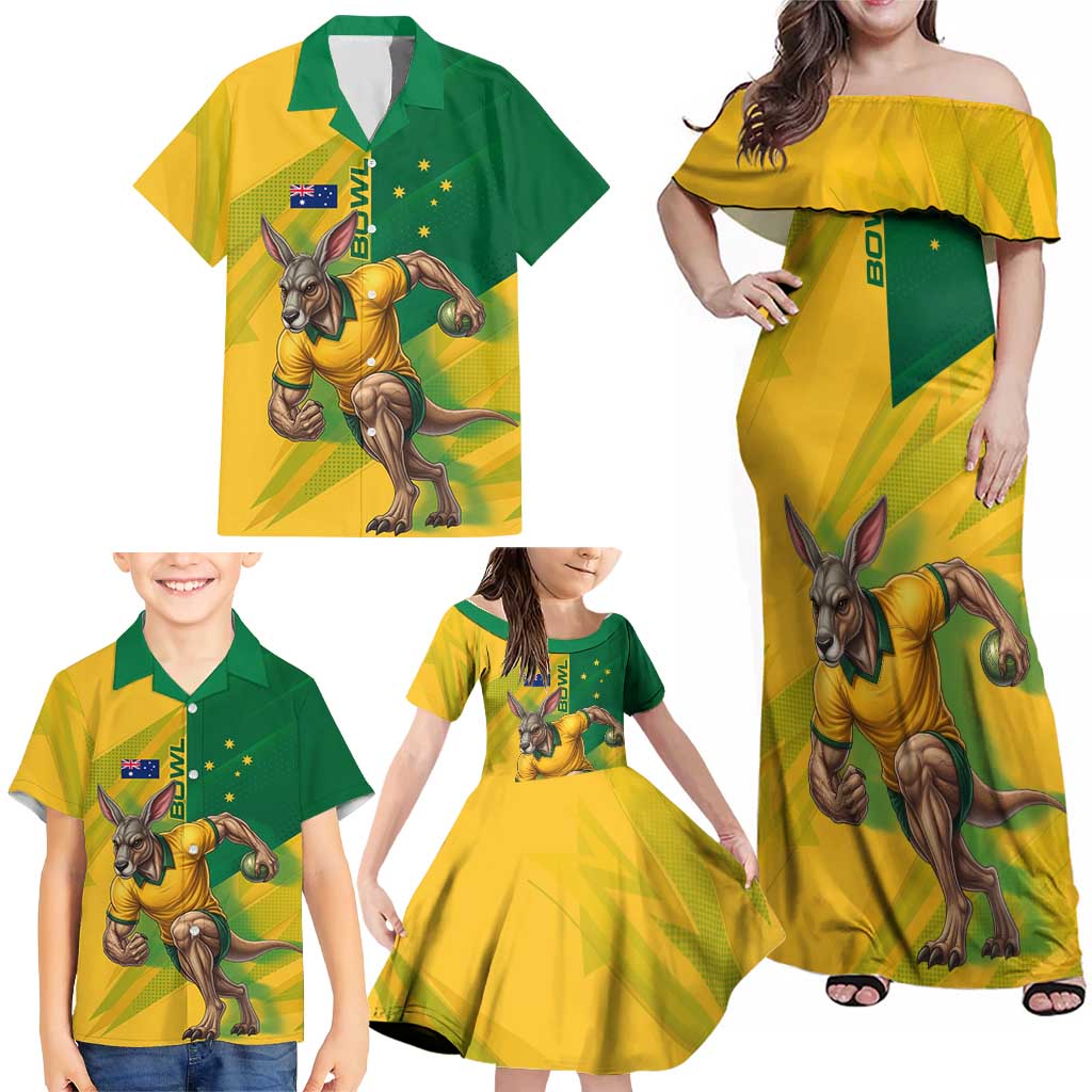 Personalized Australian Jackaroo Lawn Bowls Family Matching Off Shoulder Maxi Dress and Hawaiian Shirt Kangaroo Bowler Green Yellow National Spirit Mascot Art