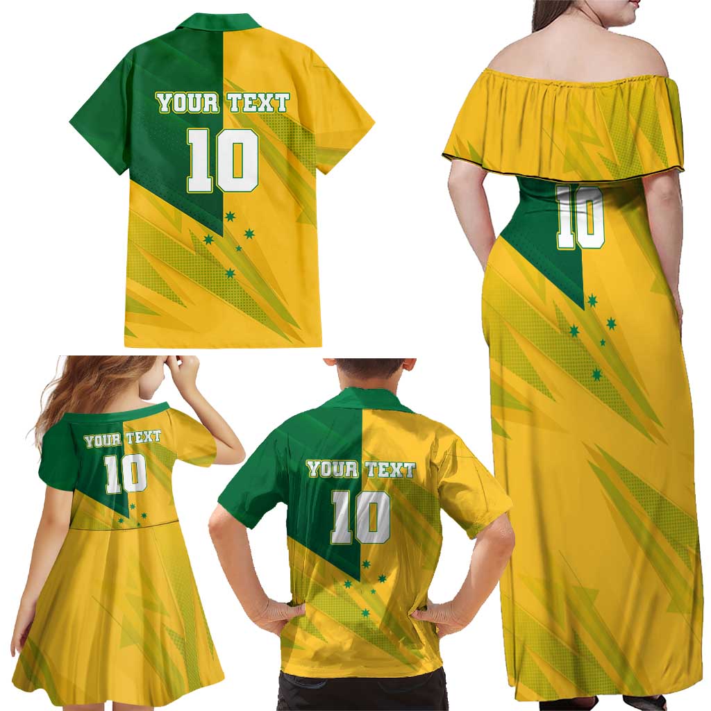Personalized Australian Jackaroo Lawn Bowls Family Matching Off Shoulder Maxi Dress and Hawaiian Shirt Kangaroo Bowler Green Yellow National Spirit Mascot Art