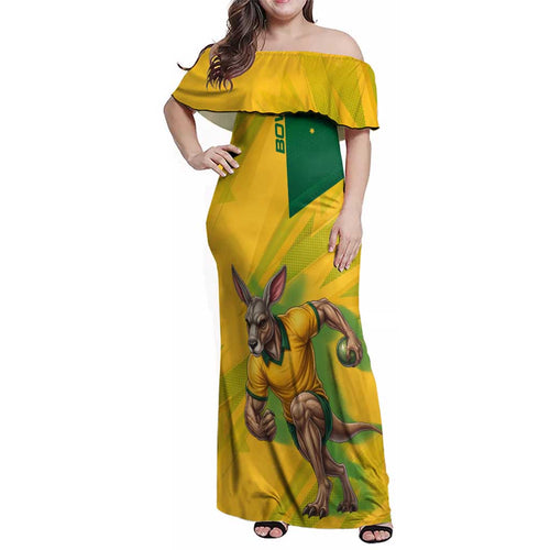 Personalized Australian Jackaroo Lawn Bowls Family Matching Off Shoulder Maxi Dress and Hawaiian Shirt Kangaroo Bowler Green Yellow National Spirit Mascot Art