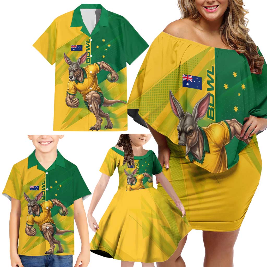 Personalized Australian Jackaroo Lawn Bowls Family Matching Off Shoulder Short Dress and Hawaiian Shirt Kangaroo Bowler Green Yellow National Spirit Mascot Art