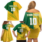 Personalized Australian Jackaroo Lawn Bowls Family Matching Off Shoulder Short Dress and Hawaiian Shirt Kangaroo Bowler Green Yellow National Spirit Mascot Art