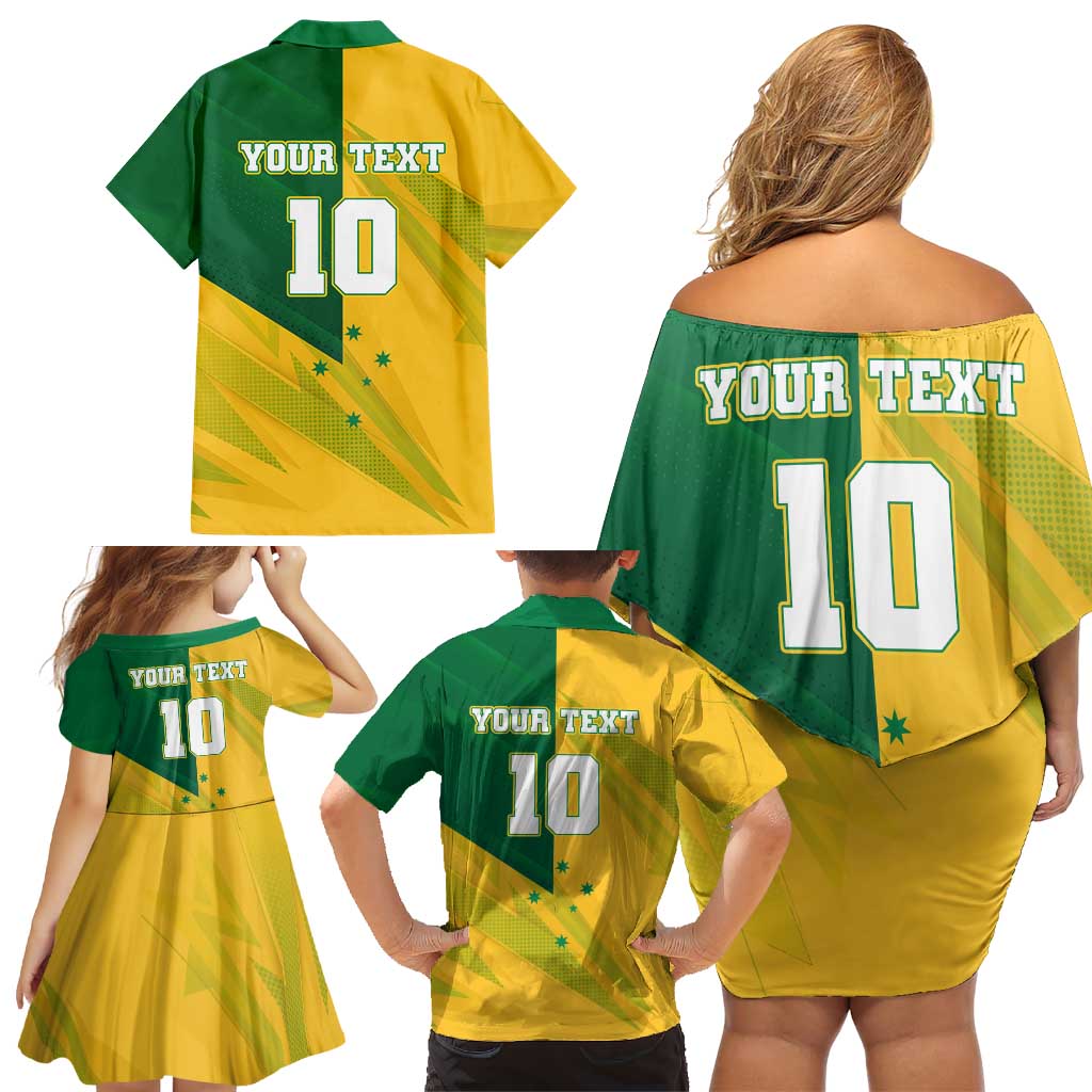 Personalized Australian Jackaroo Lawn Bowls Family Matching Off Shoulder Short Dress and Hawaiian Shirt Kangaroo Bowler Green Yellow National Spirit Mascot Art