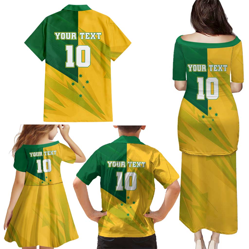 Personalized Australian Jackaroo Lawn Bowls Family Matching Puletasi and Hawaiian Shirt Kangaroo Bowler Green Yellow National Spirit Mascot Art