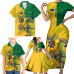 Personalized Australian Jackaroo Lawn Bowls Family Matching Short Sleeve Bodycon Dress and Hawaiian Shirt Kangaroo Bowler Green Yellow National Spirit Mascot Art