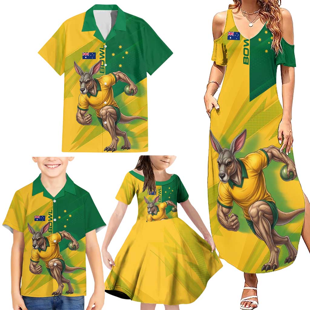 Personalized Australian Jackaroo Lawn Bowls Family Matching Summer Maxi Dress and Hawaiian Shirt Kangaroo Bowler Green Yellow National Spirit Mascot Art