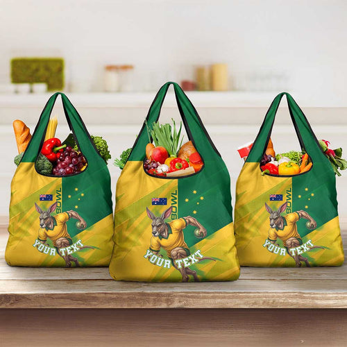 Personalized Australian Jackaroo Lawn Bowls Grocery Bag Kangaroo Bowler Green Yellow National Spirit Mascot Art
