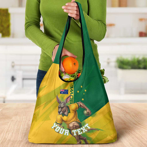 Personalized Australian Jackaroo Lawn Bowls Grocery Bag Kangaroo Bowler Green Yellow National Spirit Mascot Art