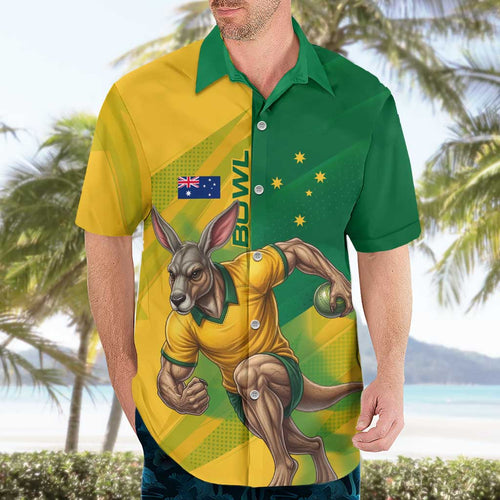 Personalized Australian Jackaroo Lawn Bowls Hawaiian Shirt Kangaroo Bowler Green Yellow National Spirit Mascot Art