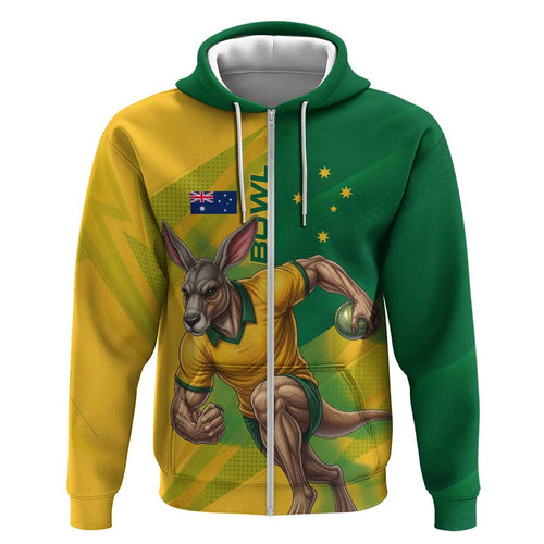 Personalized Australian Jackaroo Lawn Bowls Hoodie Kangaroo Bowler Green Yellow National Spirit Mascot Art