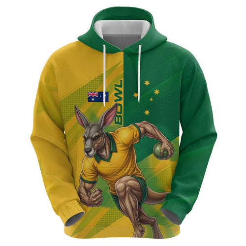 Personalized Australian Jackaroo Lawn Bowls Hoodie Kangaroo Bowler Green Yellow National Spirit Mascot Art