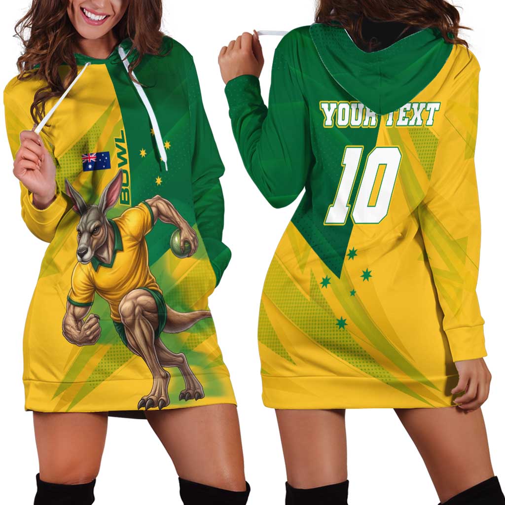 Personalized Australian Jackaroo Lawn Bowls Hoodie Dress Kangaroo Bowler Green Yellow National Spirit Mascot Art