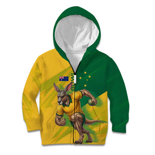 Personalized Australian Jackaroo Lawn Bowls Kid Hoodie Kangaroo Bowler Green Yellow National Spirit Mascot Art