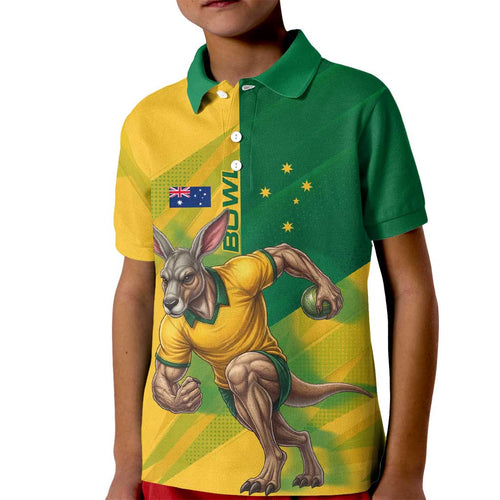 Personalized Australian Jackaroo Lawn Bowls Kid Polo Shirt Kangaroo Bowler Green Yellow National Spirit Mascot Art