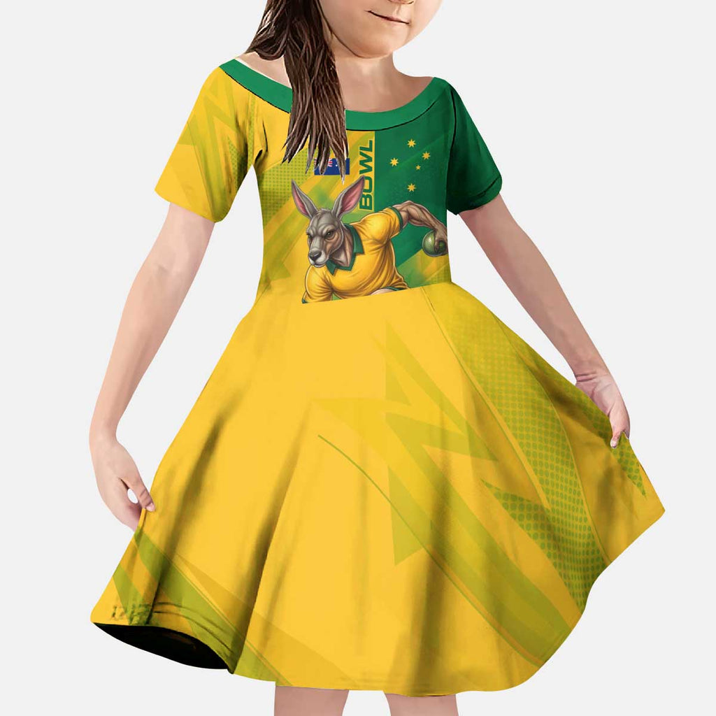 Personalized Australian Jackaroo Lawn Bowls Kid Short Sleeve Dress Kangaroo Bowler Green Yellow National Spirit Mascot Art