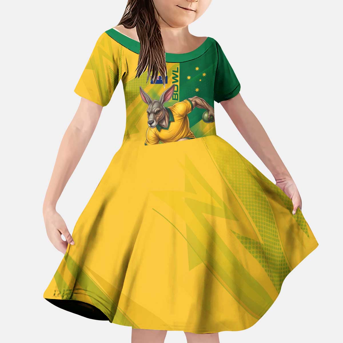 Personalized Australian Jackaroo Lawn Bowls Kid Short Sleeve Dress Kangaroo Bowler Green Yellow National Spirit Mascot Art