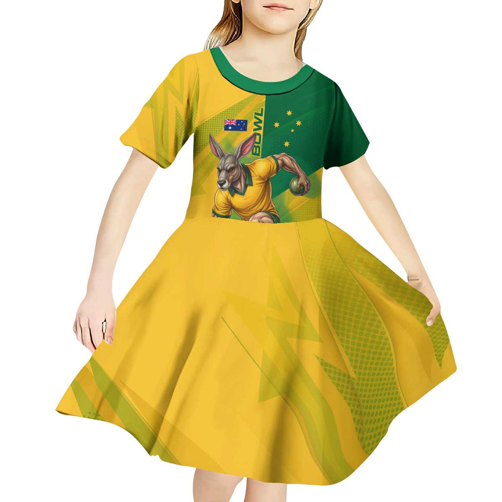 Personalized Australian Jackaroo Lawn Bowls Kid Short Sleeve Dress Kangaroo Bowler Green Yellow National Spirit Mascot Art