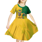 Personalized Australian Jackaroo Lawn Bowls Kid Short Sleeve Dress Kangaroo Bowler Green Yellow National Spirit Mascot Art