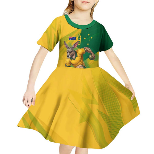Personalized Australian Jackaroo Lawn Bowls Kid Short Sleeve Dress Kangaroo Bowler Green Yellow National Spirit Mascot Art