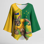 Personalized Australian Jackaroo Lawn Bowls Kimono Sleeve Blouse Kangaroo Bowler Green Yellow National Spirit Mascot Art