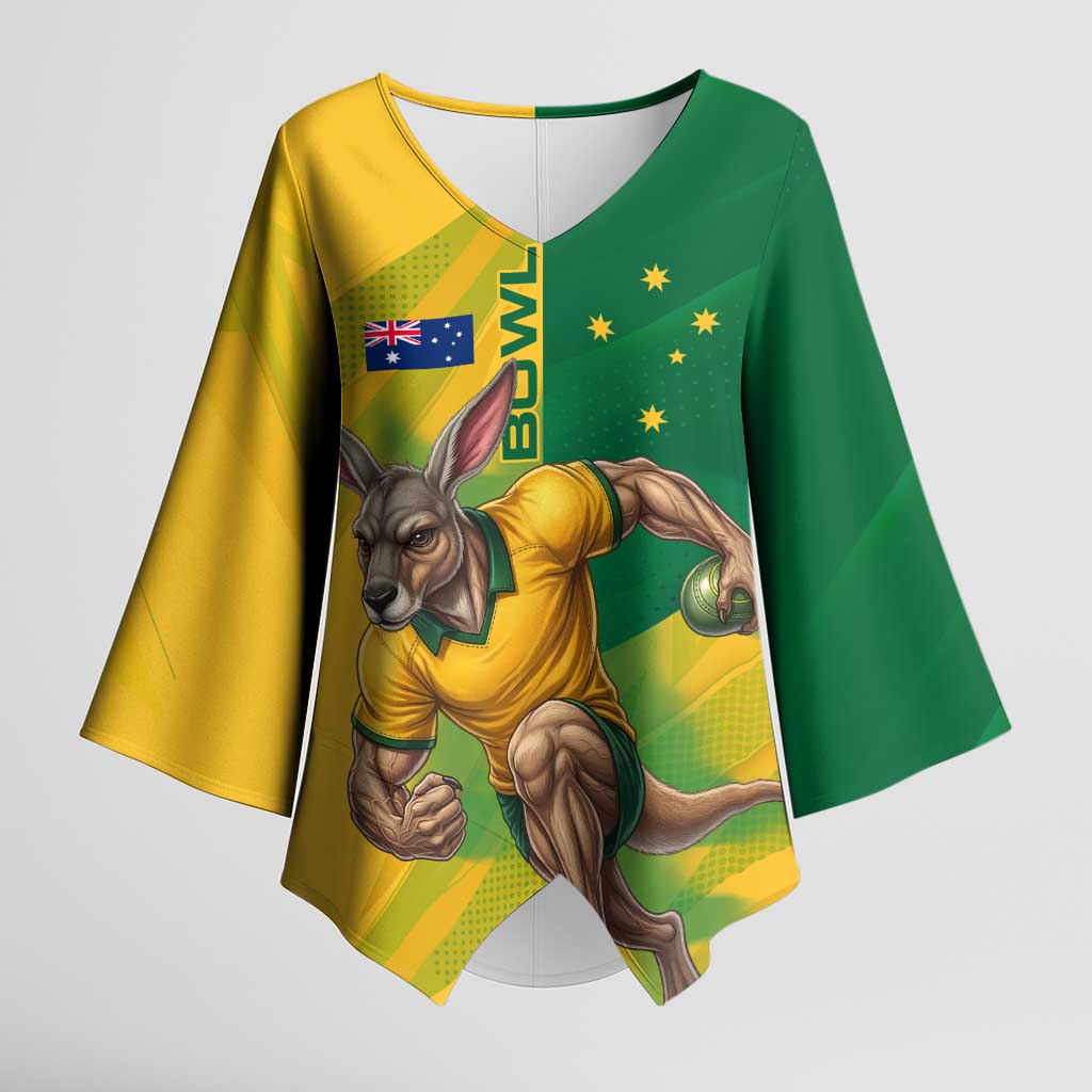 Personalized Australian Jackaroo Lawn Bowls Kimono Sleeve Blouse Kangaroo Bowler Green Yellow National Spirit Mascot Art