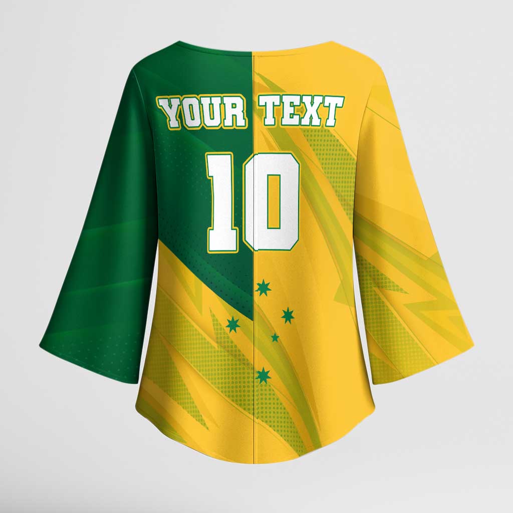 Personalized Australian Jackaroo Lawn Bowls Kimono Sleeve Blouse Kangaroo Bowler Green Yellow National Spirit Mascot Art
