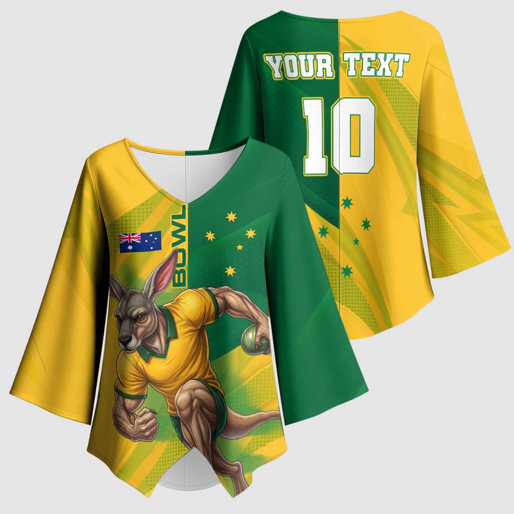 Personalized Australian Jackaroo Lawn Bowls Kimono Sleeve Blouse Kangaroo Bowler Green Yellow National Spirit Mascot Art
