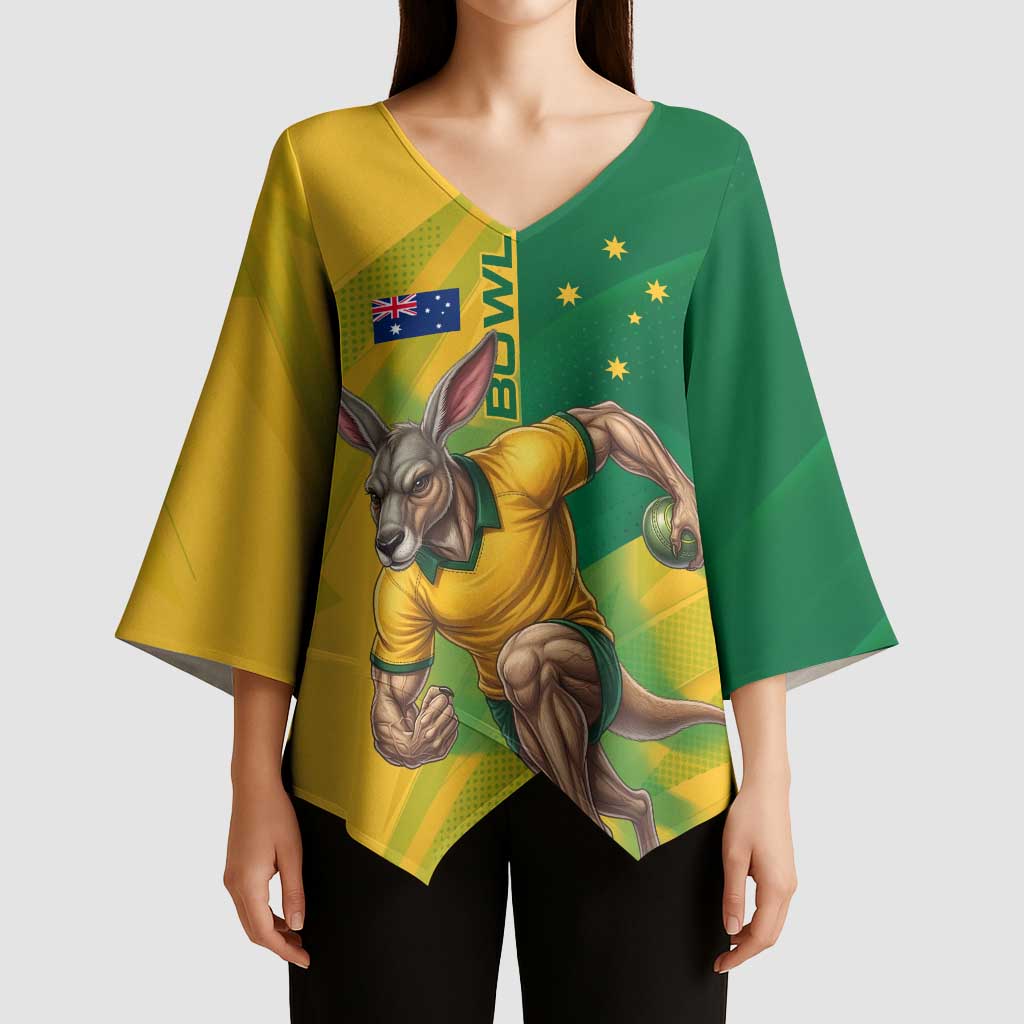 Personalized Australian Jackaroo Lawn Bowls Kimono Sleeve Blouse Kangaroo Bowler Green Yellow National Spirit Mascot Art