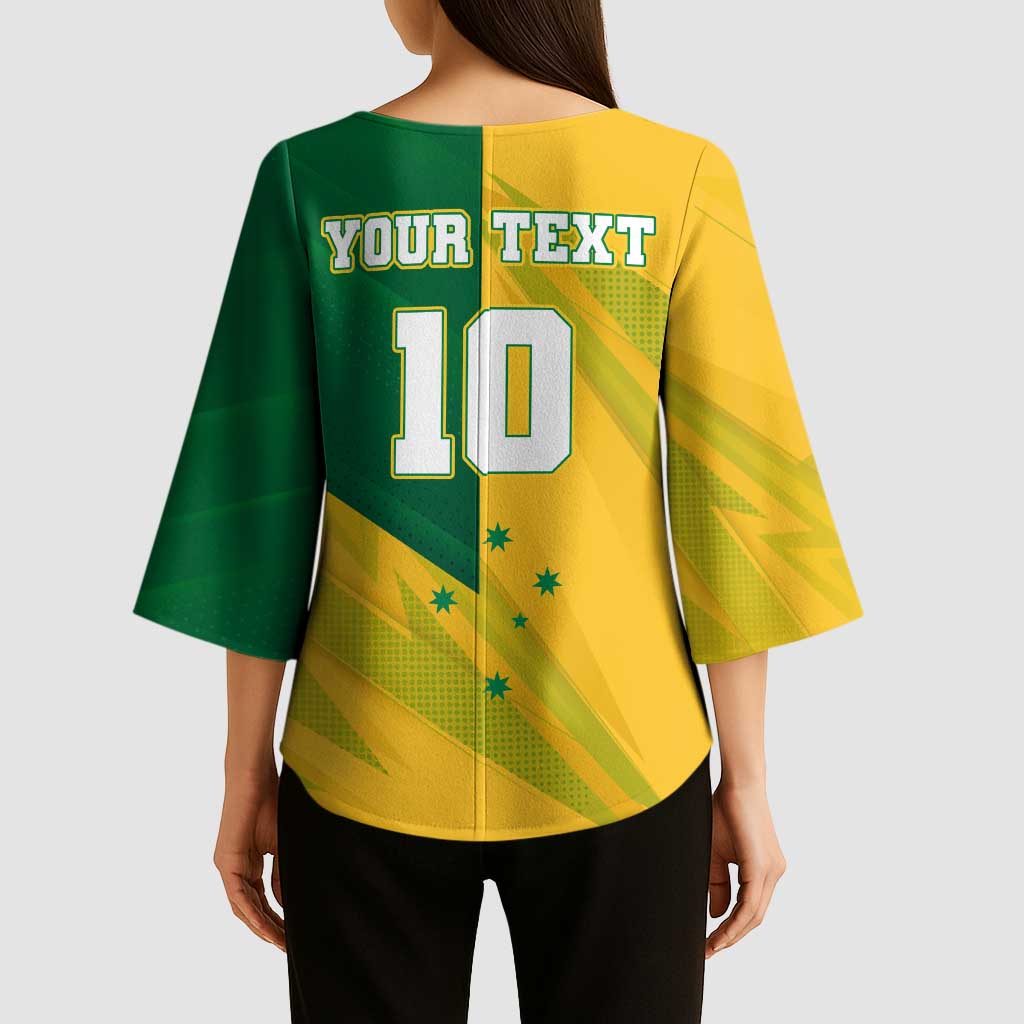 Personalized Australian Jackaroo Lawn Bowls Kimono Sleeve Blouse Kangaroo Bowler Green Yellow National Spirit Mascot Art
