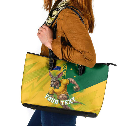 Personalized Australian Jackaroo Lawn Bowls Leather Tote Bag Kangaroo Bowler Green Yellow National Spirit Mascot Art