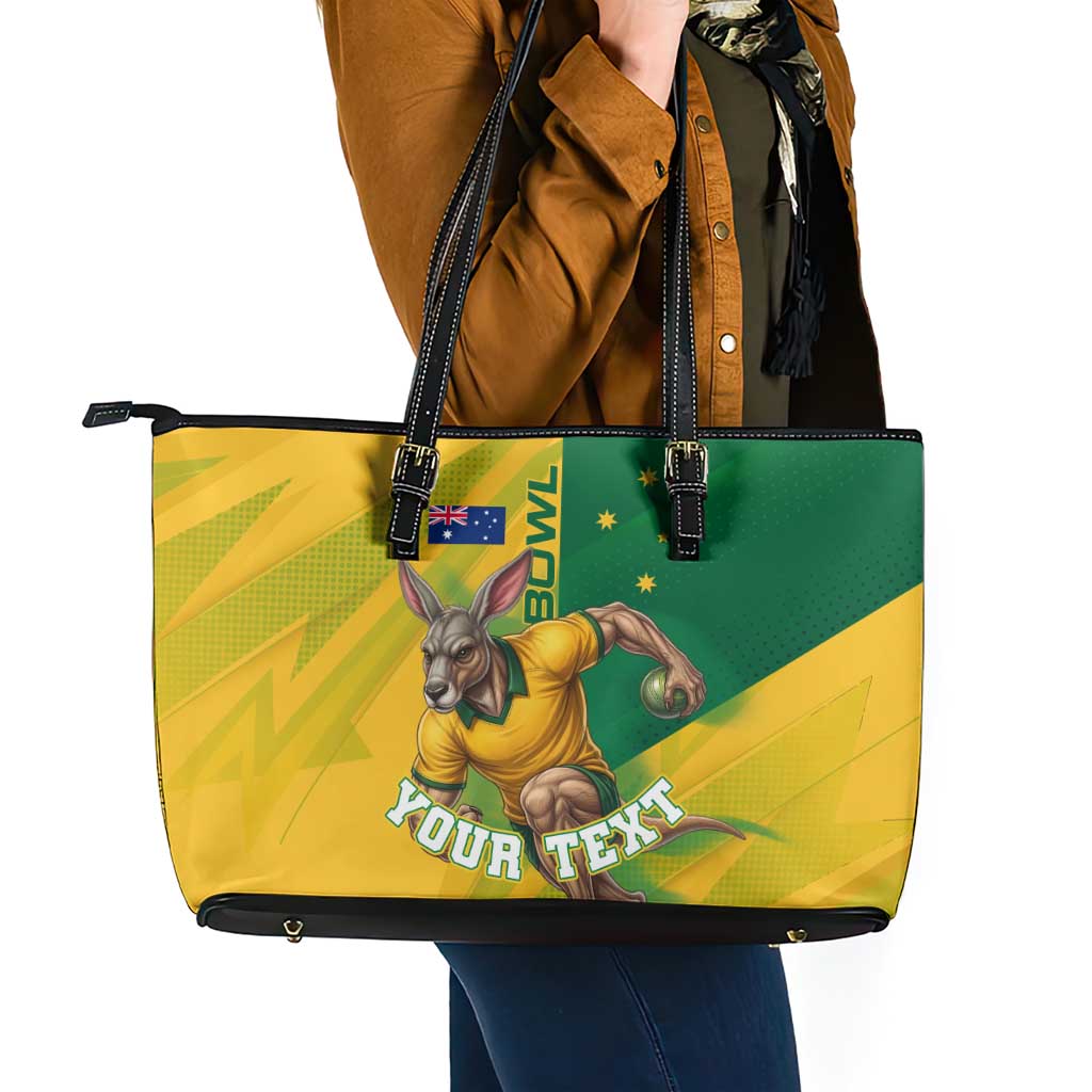 Personalized Australian Jackaroo Lawn Bowls Leather Tote Bag Kangaroo Bowler Green Yellow National Spirit Mascot Art