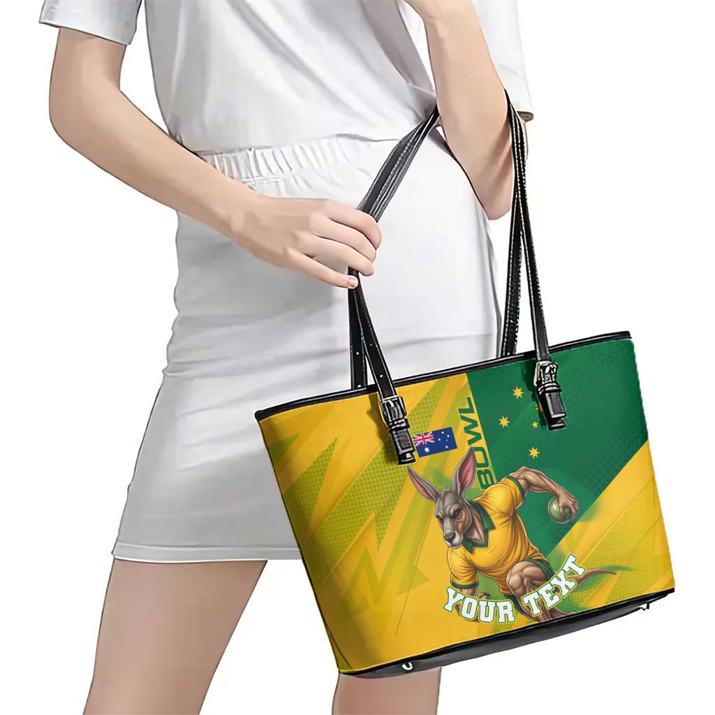Personalized Australian Jackaroo Lawn Bowls Leather Tote Bag Kangaroo Bowler Green Yellow National Spirit Mascot Art
