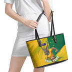 Personalized Australian Jackaroo Lawn Bowls Leather Tote Bag Kangaroo Bowler Green Yellow National Spirit Mascot Art