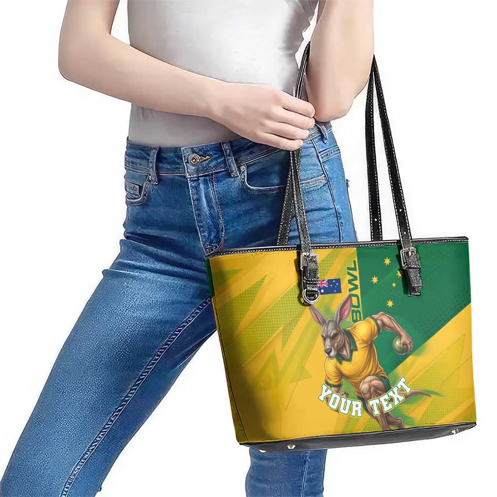 Personalized Australian Jackaroo Lawn Bowls Leather Tote Bag Kangaroo Bowler Green Yellow National Spirit Mascot Art