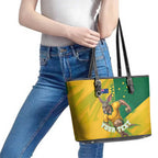 Personalized Australian Jackaroo Lawn Bowls Leather Tote Bag Kangaroo Bowler Green Yellow National Spirit Mascot Art