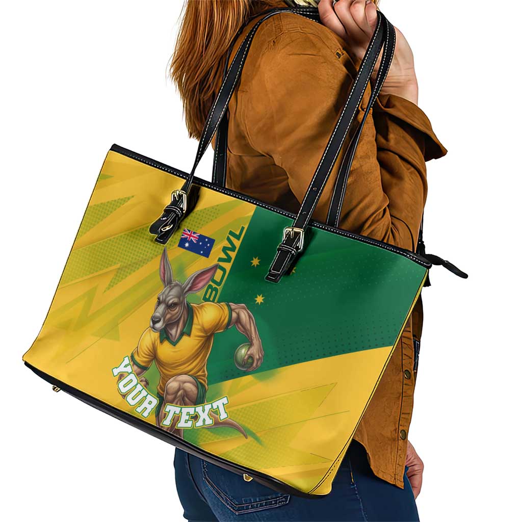 Personalized Australian Jackaroo Lawn Bowls Leather Tote Bag Kangaroo Bowler Green Yellow National Spirit Mascot Art