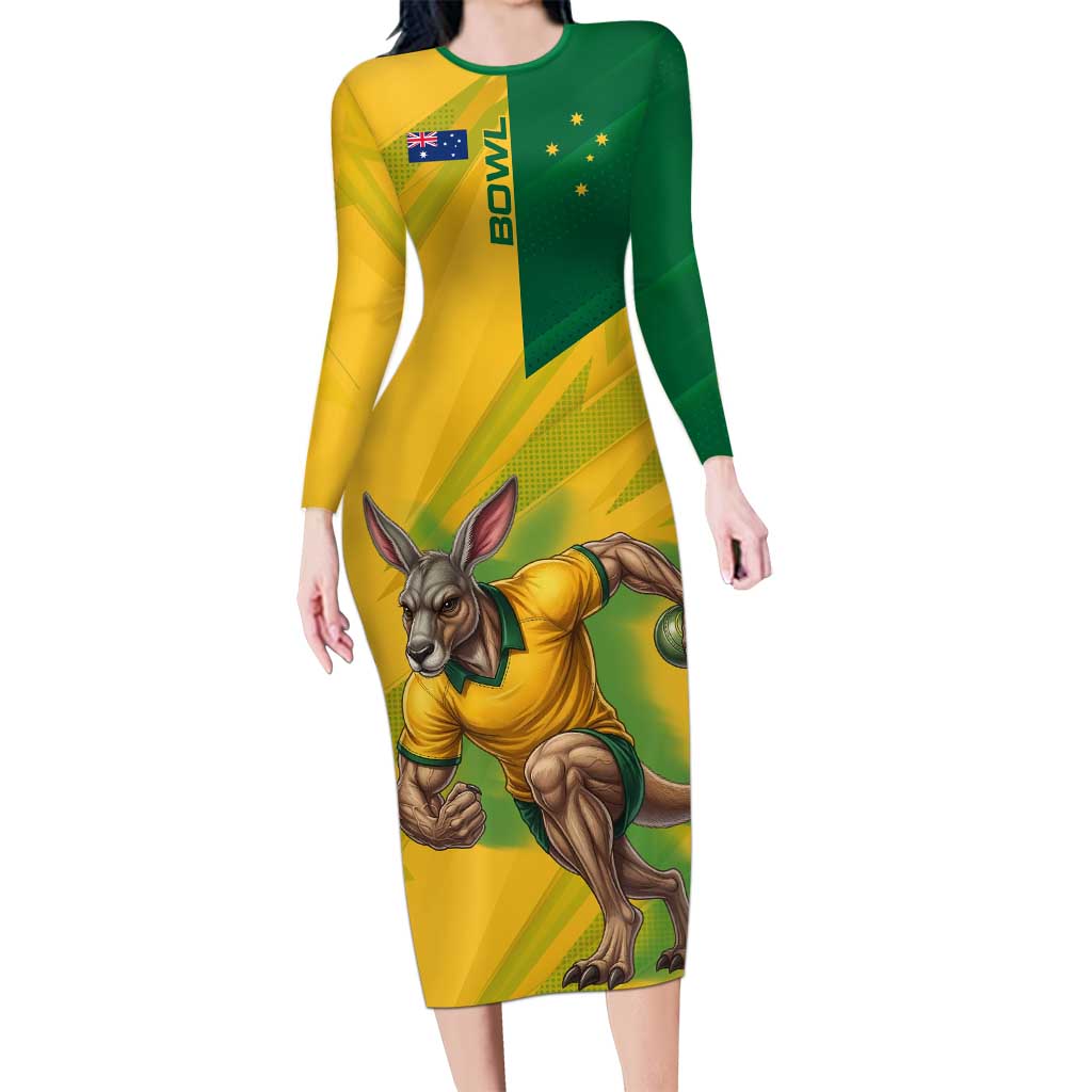 Personalized Australian Jackaroo Lawn Bowls Long Sleeve Bodycon Dress Kangaroo Bowler Green Yellow National Spirit Mascot Art