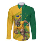 Personalized Australian Jackaroo Lawn Bowls Long Sleeve Button Shirt Kangaroo Bowler Green Yellow National Spirit Mascot Art