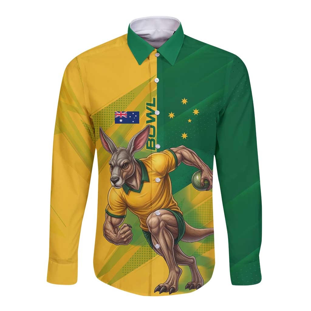 Personalized Australian Jackaroo Lawn Bowls Long Sleeve Button Shirt Kangaroo Bowler Green Yellow National Spirit Mascot Art