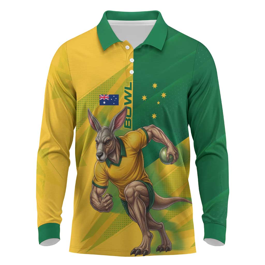 Personalized Australian Jackaroo Lawn Bowls Long Sleeve Polo Shirt Kangaroo Bowler Green Yellow National Spirit Mascot Art
