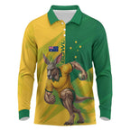 Personalized Australian Jackaroo Lawn Bowls Long Sleeve Polo Shirt Kangaroo Bowler Green Yellow National Spirit Mascot Art