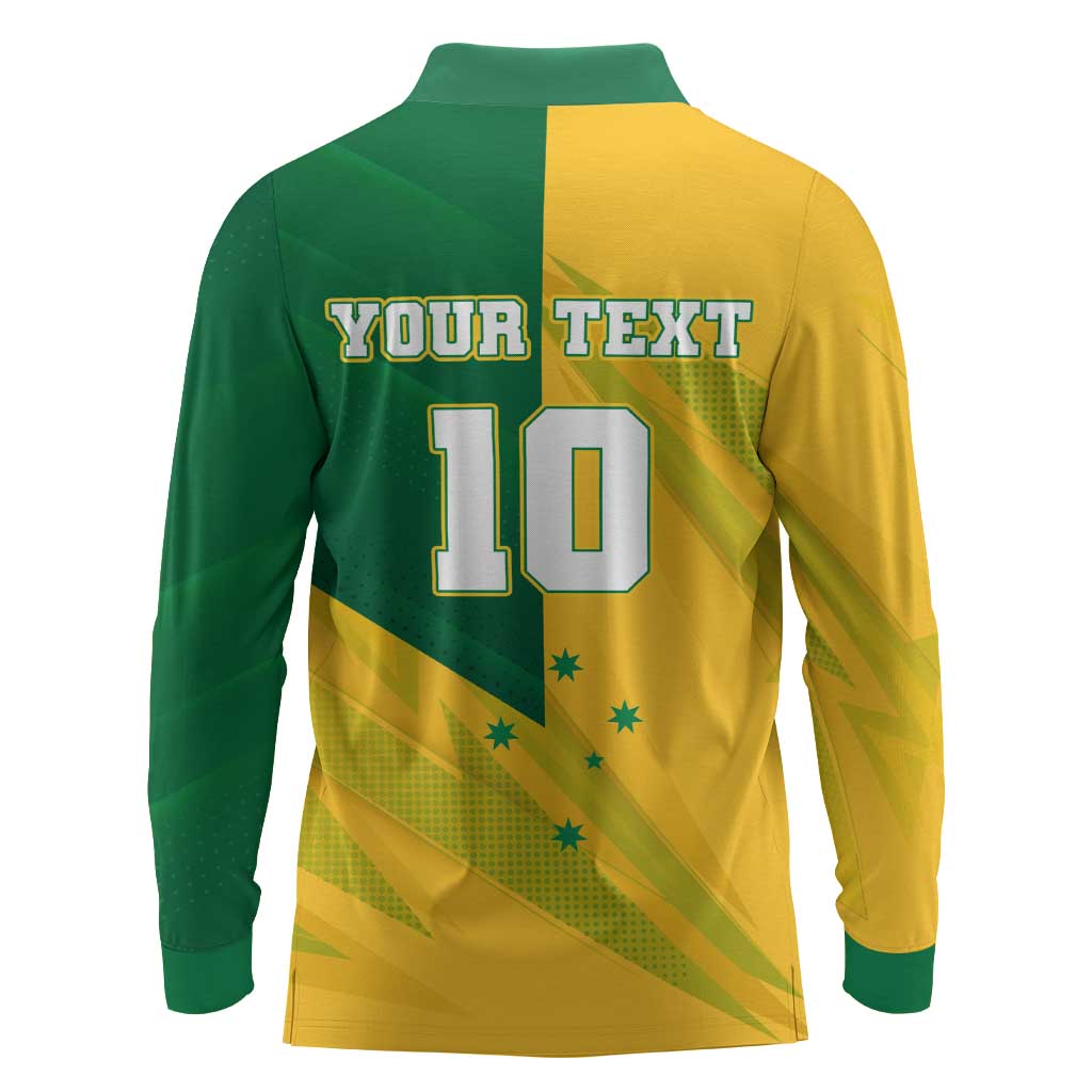 Personalized Australian Jackaroo Lawn Bowls Long Sleeve Polo Shirt Kangaroo Bowler Green Yellow National Spirit Mascot Art