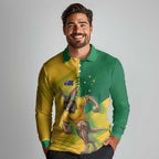 Personalized Australian Jackaroo Lawn Bowls Long Sleeve Polo Shirt Kangaroo Bowler Green Yellow National Spirit Mascot Art
